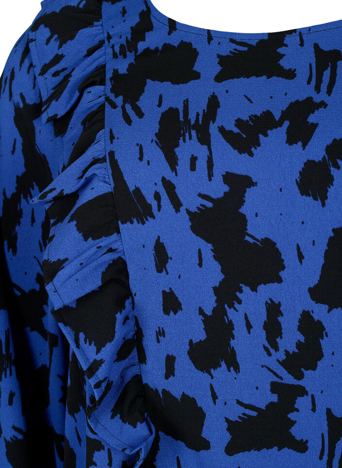 Blouse met lange mouwen en ruches, Black Blue AOP, Packshot image number 2