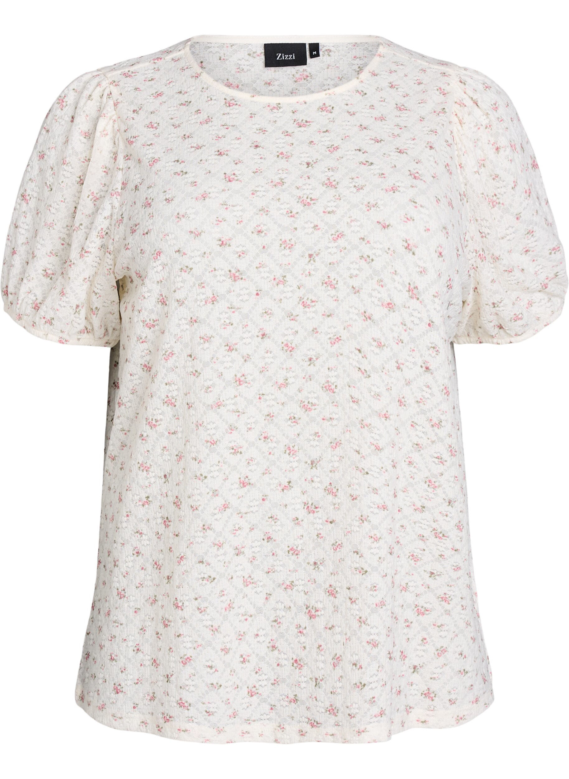 ZizziJersey blouse met korte mouwen en bloemenprint, Wit, Packshot image number 0