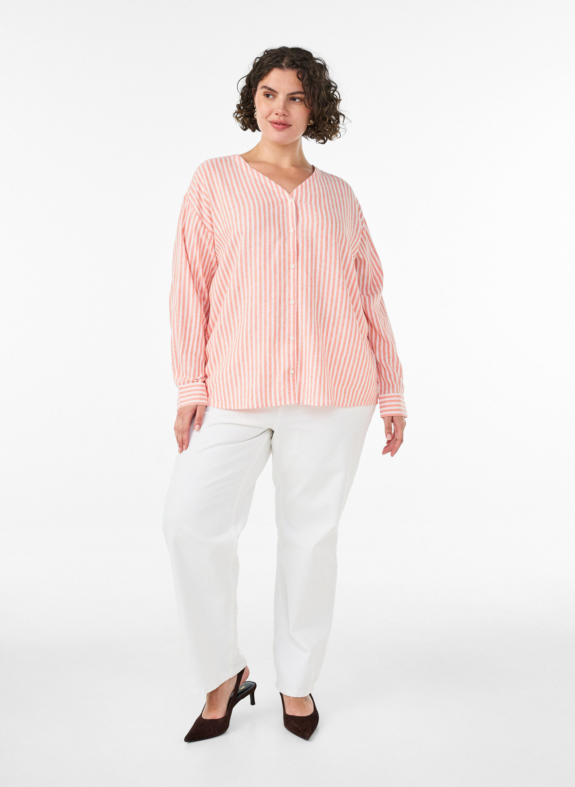 ZizziBlouse en lin et viscose avec col en V, Corail, Model image number 1
