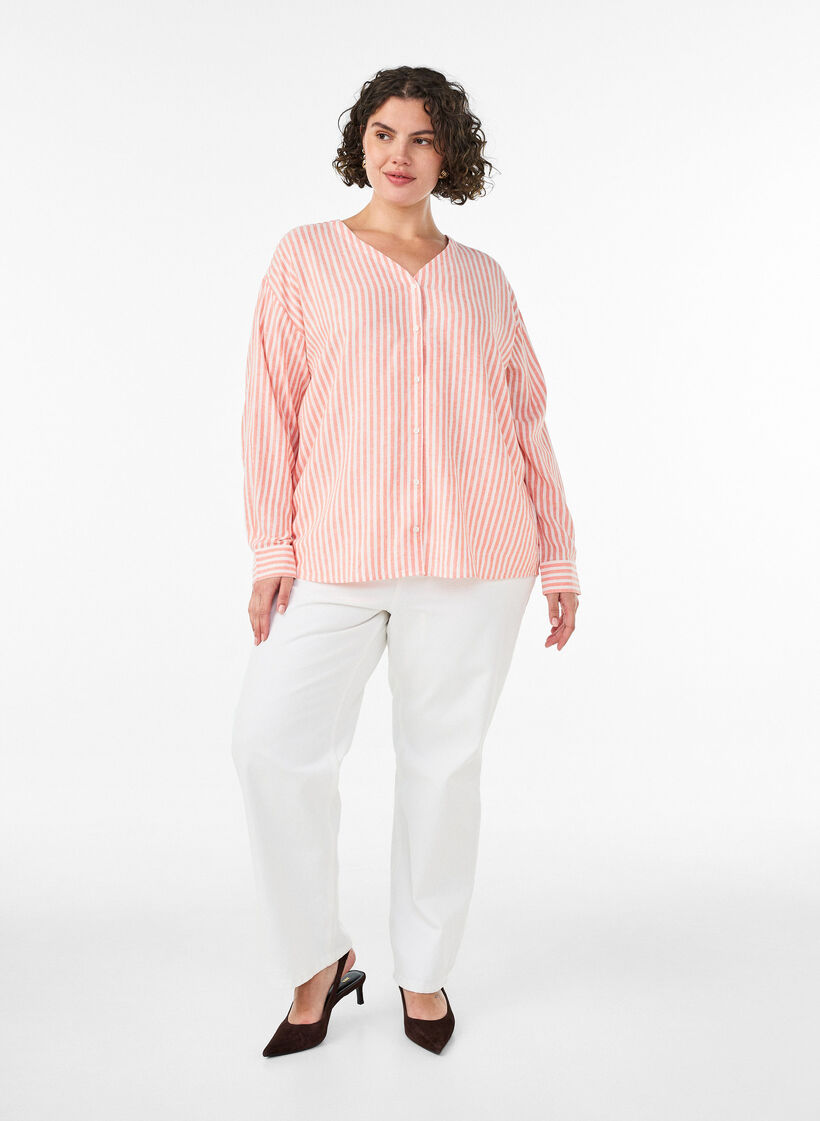 Blouse en lin et viscose avec col en V, Corail, Model image number 1
