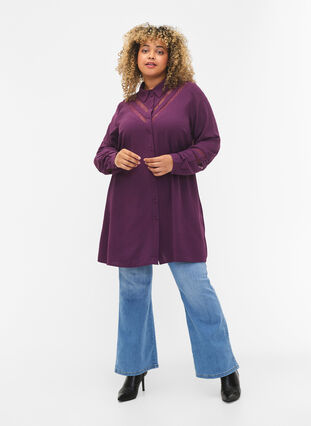 Lang shirt met kanten details, Deep Purple, Model image number 2