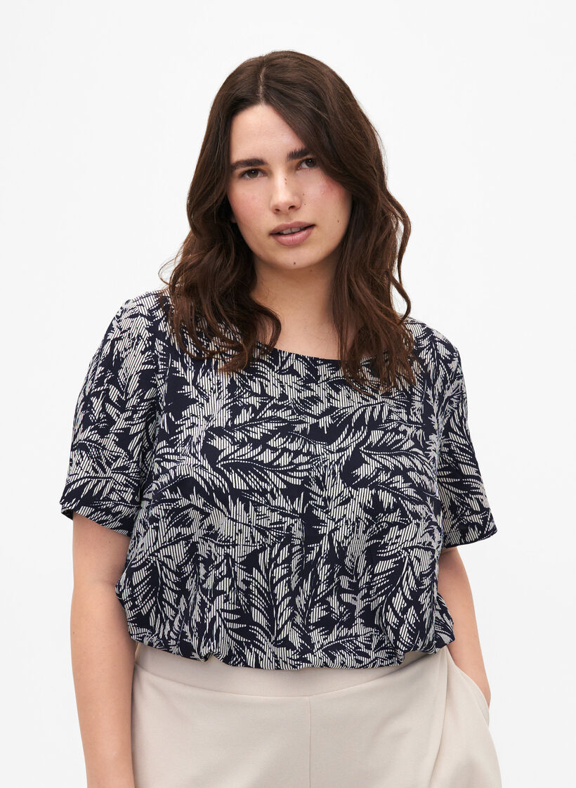 FLASH - Blouse met korte mouwen en print, Off White Blue Leaf, Model image number 0