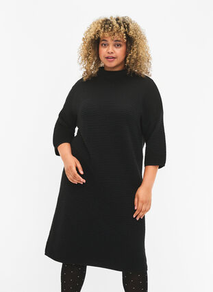 Gebreide jurk met korte mouwen, Black, Model image number 0