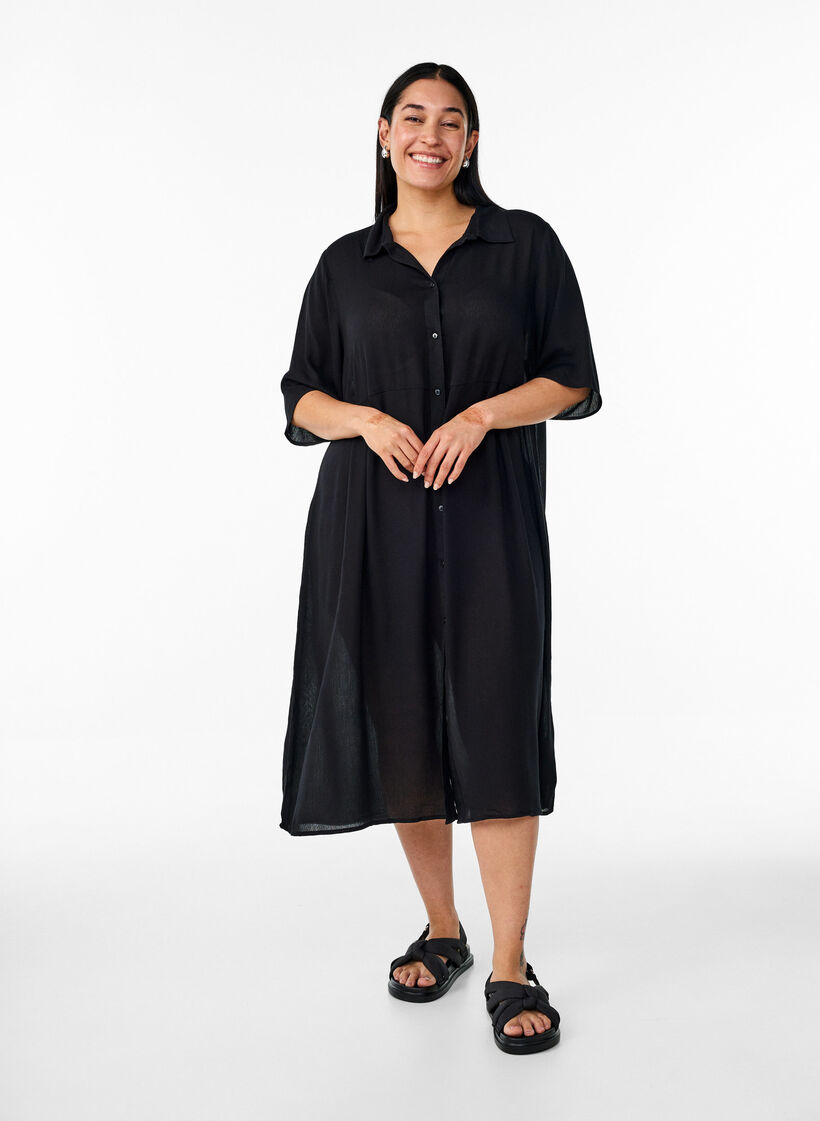 Midi shirtjurk met korte mouwen, Zwart, Model image number 0