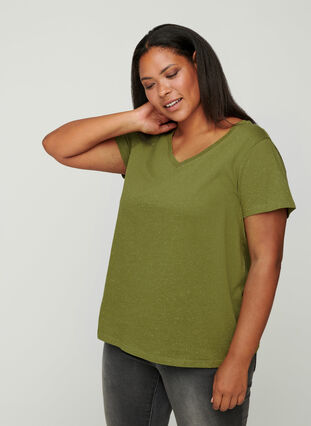 T-shirt col V, Green, Model image number 0