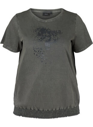 T-shirt met korte mouwen, acid wash en smokwerk, Dark grey acid wash, Packshot image number 0