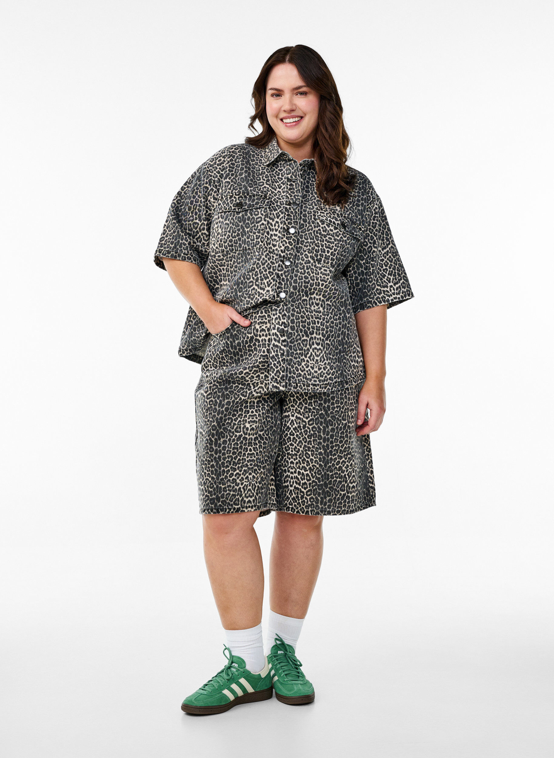 ZizziDenimshirt met luipaardprint en korte mouwen, Leopard, Model image number 2