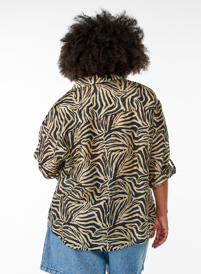 Los shirt met dierenprint en borstzakken, Zwart, Model image number 2