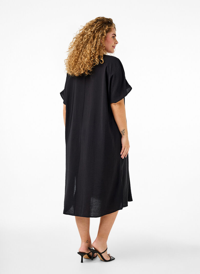 Jurk met V-hals van viscose, Zwart, Model image number 1