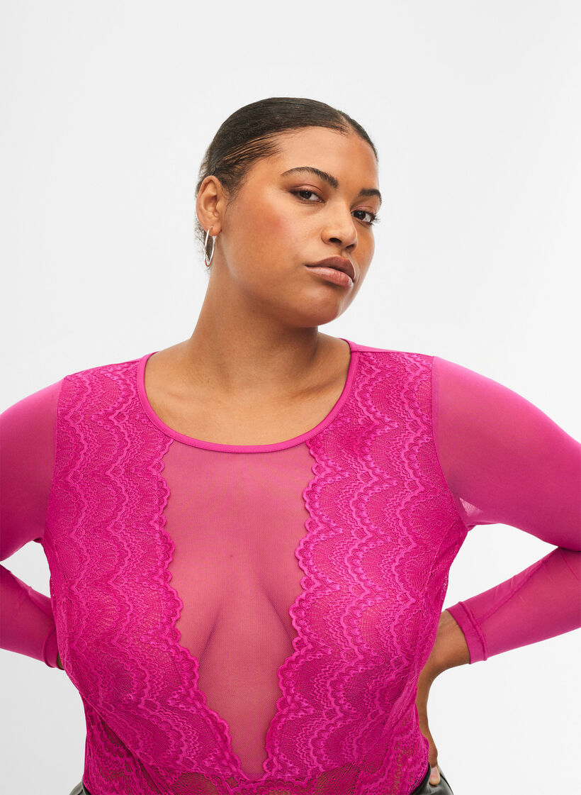 Bodystocking en dentelle et en maille, Fuchsia Red, Model image number 2