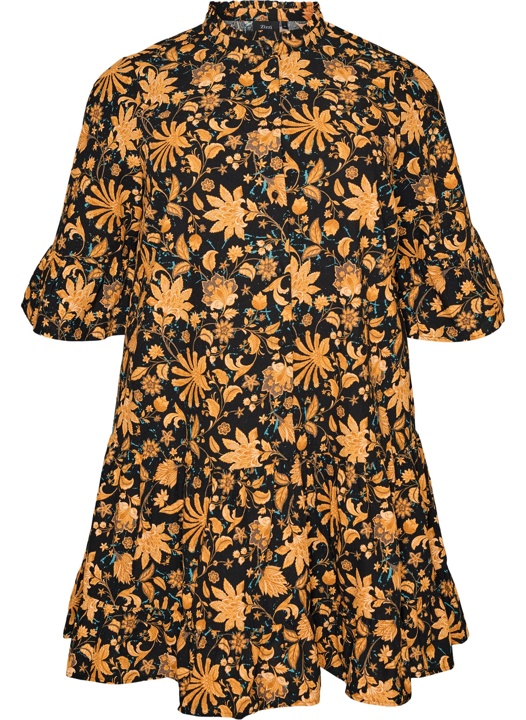 ZizziRobe florale en coton avec volants et coupe &eacute;vas&eacute;e ample, Orange, Packshot image number 0