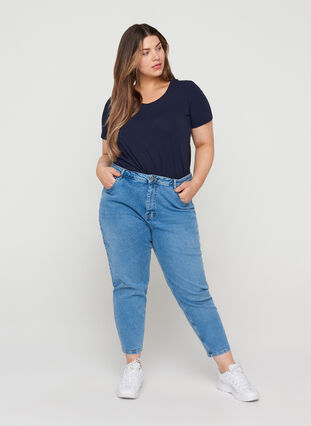 Cropped mom fit jeans met hoge taille, Light blue denim, Model image number 0