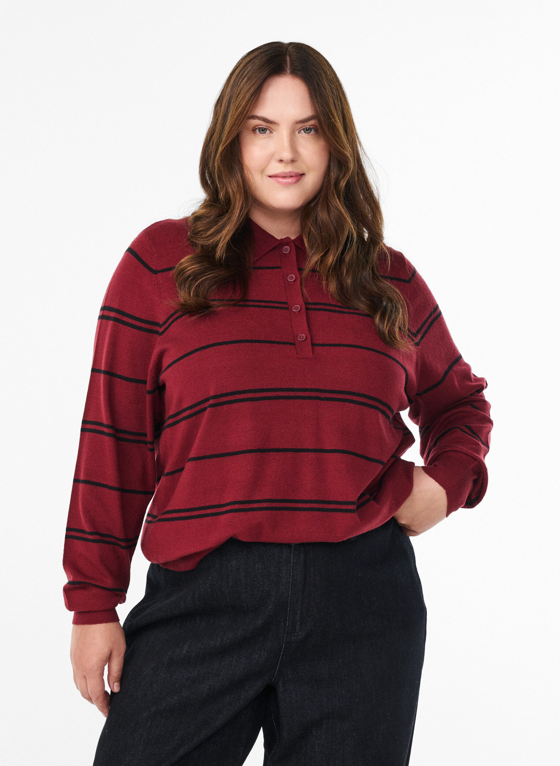 Strik blouse met kraag, Rood, Model