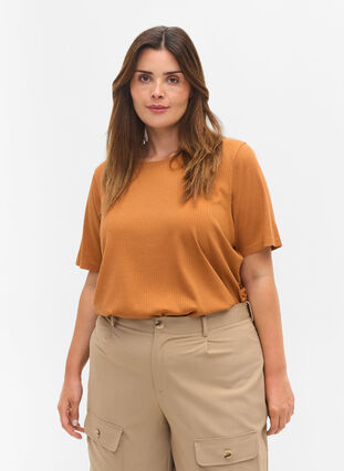 T-shirt à manches courtes en qualité côtelée, Pecan Brown, Model image number 0