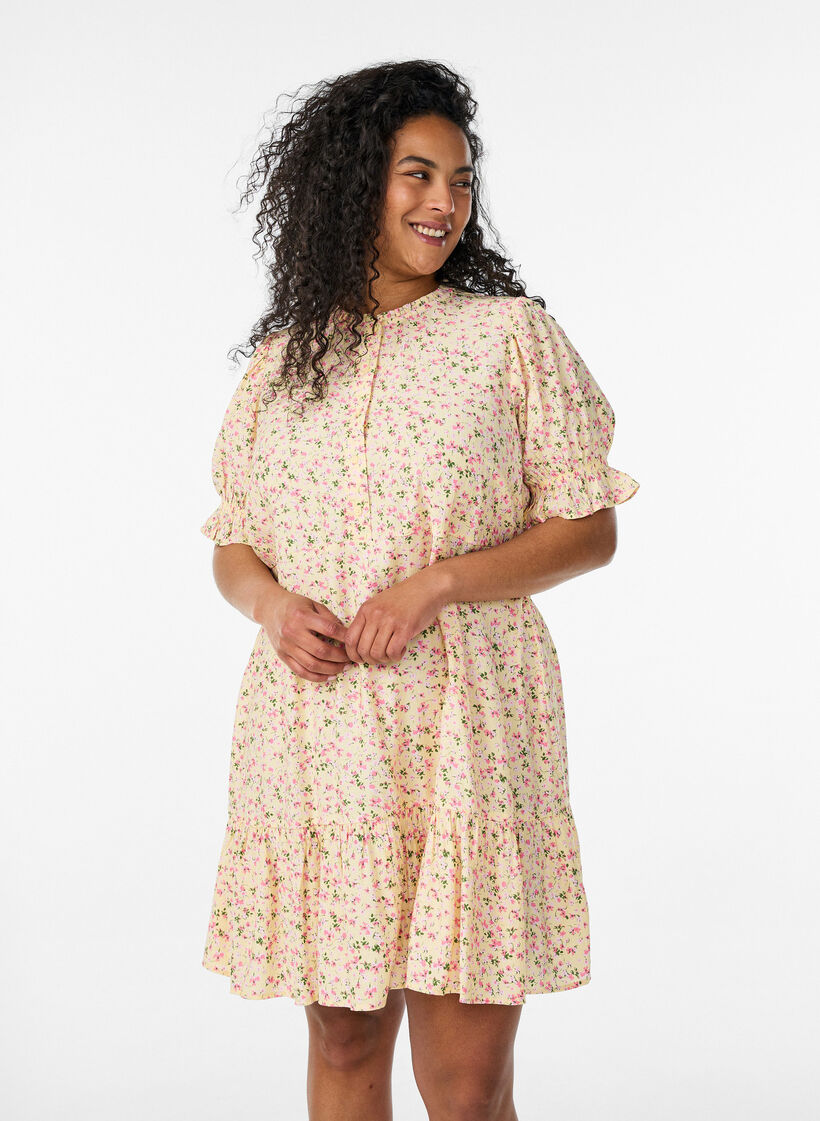 Robe courte en viscose avec volants, Jaune, Model image number 0