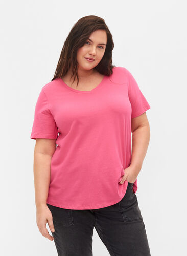 T-shirt en coton uni basique, Hot Pink, Model image number 0