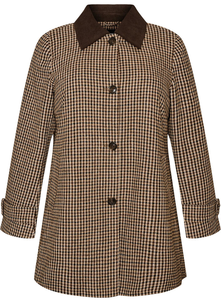 Manteau &agrave; carreaux avec col en velours c&ocirc;tel&eacute;, Marron, Packshot