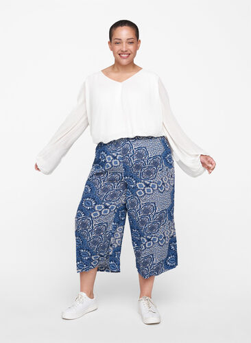 Losse culotte broek in viscose, Asian Blue Print , Model image number 0