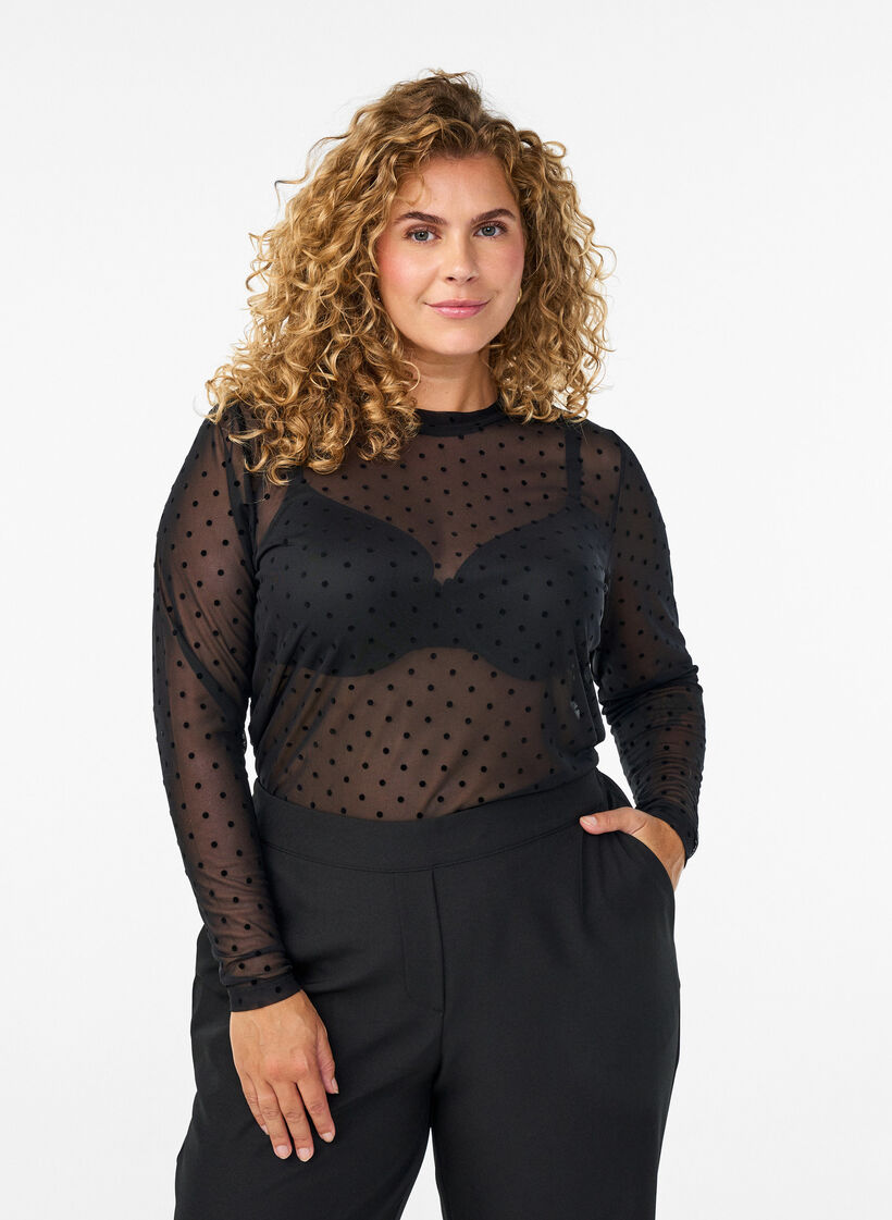 Blouse en maille à pois, Noir, Model image number 0