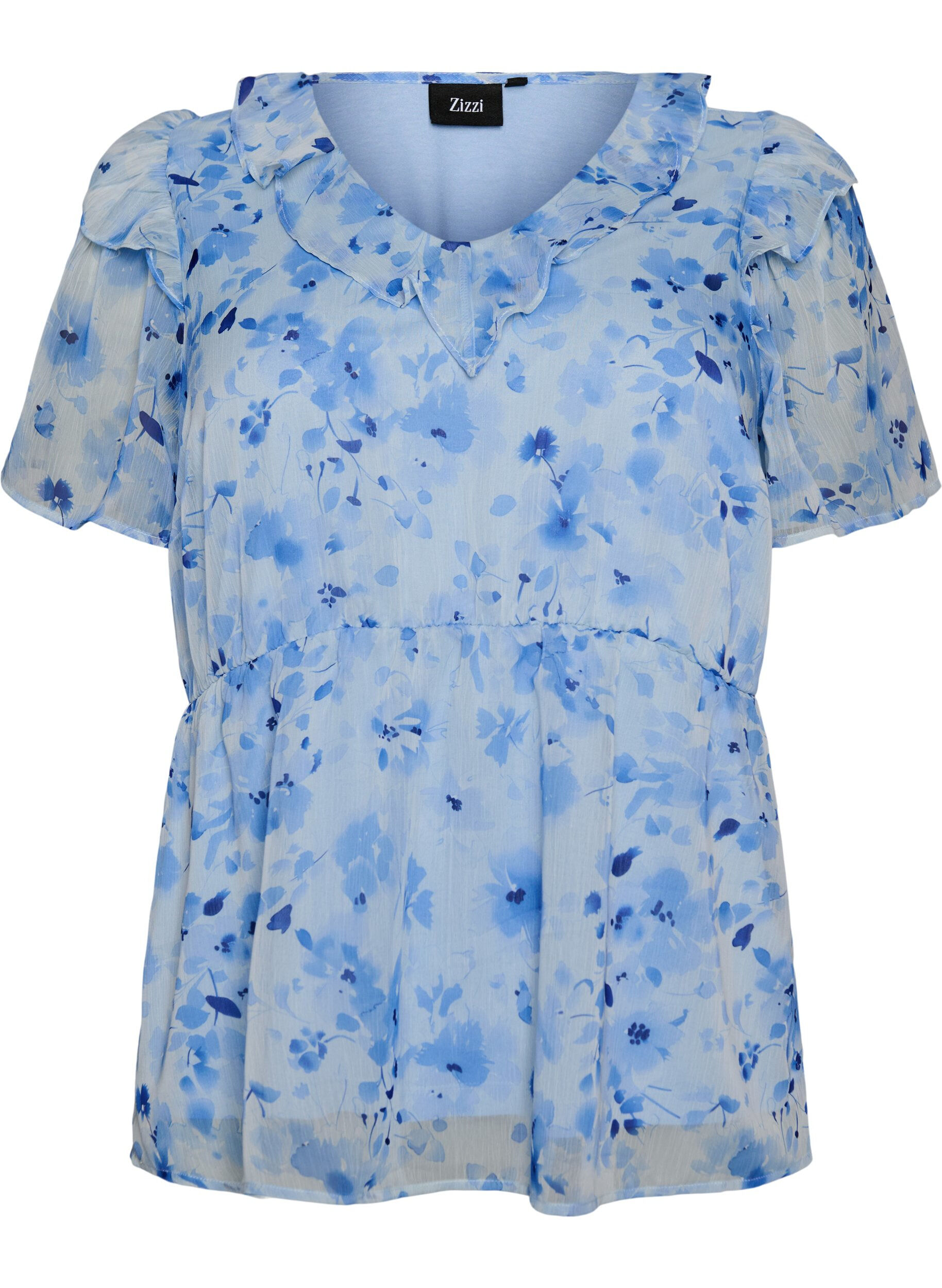 ZizziBloemenblouse met rucheskraag en peplum effect, Blauw, Packshot image number 0