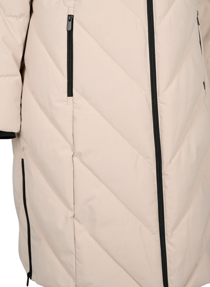 Lange winterjas met haaksluitingen en een nep bontkraag, Beige, Packshot image number 3