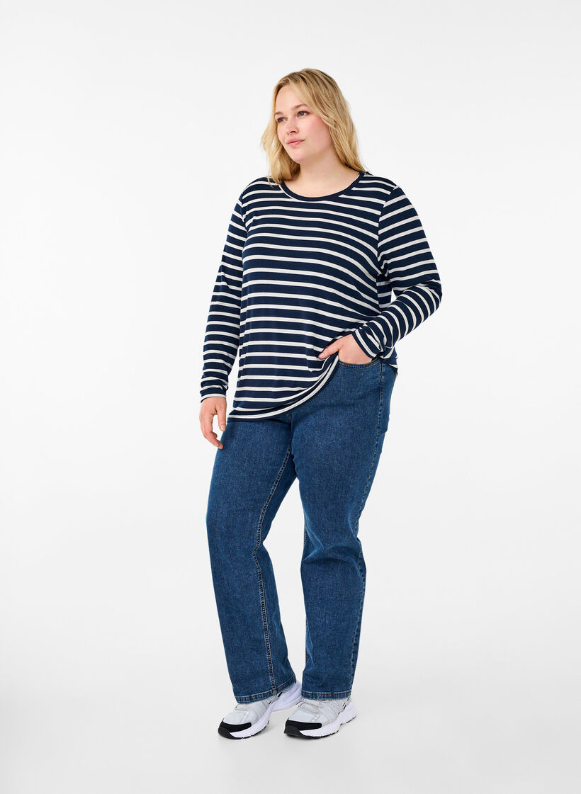 Blouse met lange mouwen en strepen, Evening Blue Stripe, Model image number 2