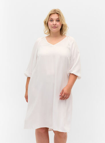 Viscose jurk met v-hals , Bright White, Model image number 0