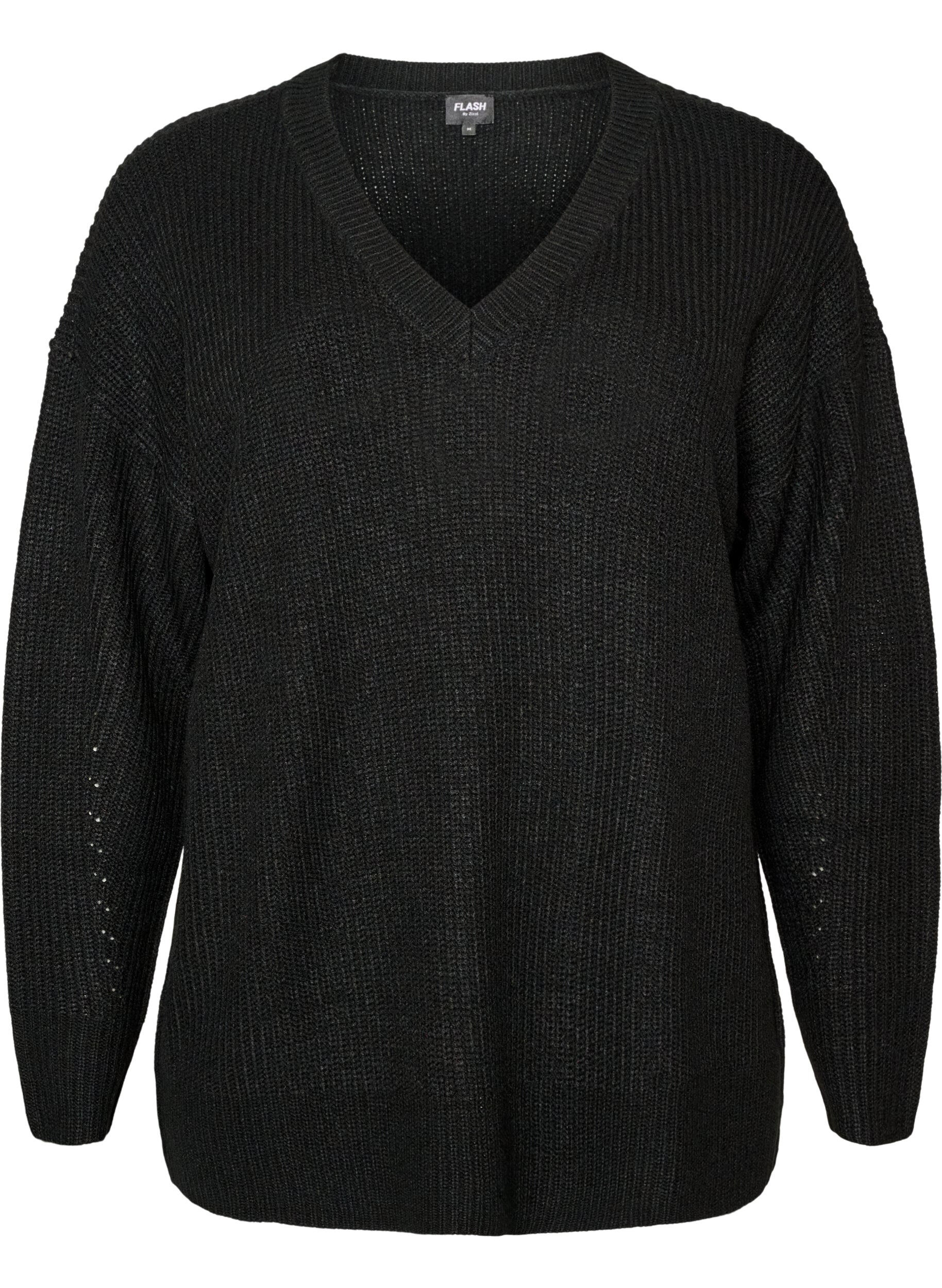 Blouse longue en maille c&ocirc;tel&eacute;e avec col en V