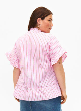 Gestreepte blouse met peplum en ruches, Pink Red Stripe, Model image number 1
