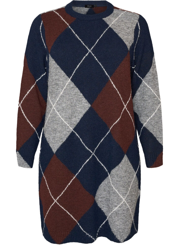 Gebreide jurk met groot ruitpatroon, Blauw, Packshot image number 0