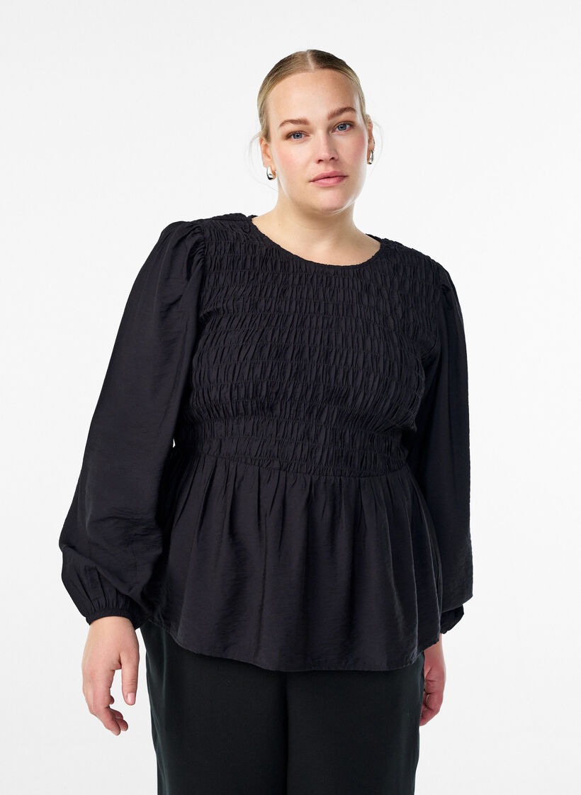 Blouse met smock en lange mouwen, Zwart, Model image number 0