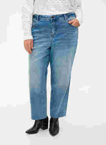 7/8 jeans met ruwe randjes en hoge taille, Light blue denim, Model image number 2