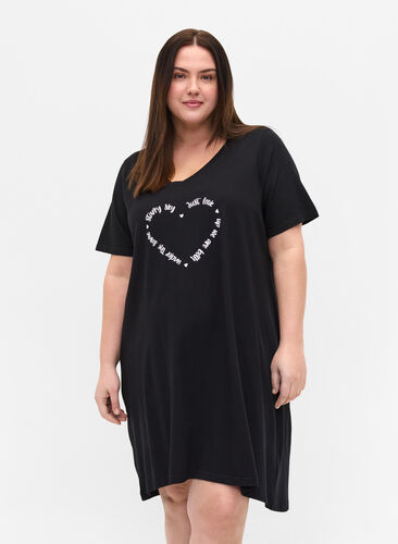 Chemise de nuit en coton à manches courtes, Black w. White HEART, Model image number 0
