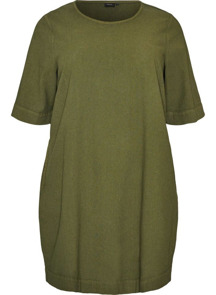 Robe en coton avec manches courtes et poches, Vert fonc&eacute;, Packshot image number 0