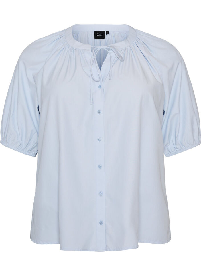 Overhemdblouse met knoopsluiting en strikceintuur, Blauw, Packshot image number 0