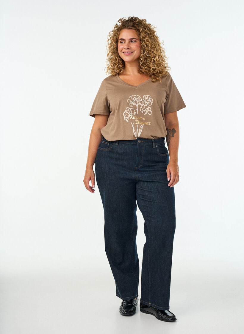 Katoenen T-shirt met V-hals en print aan de voorkant, Bruin, Model image number 1