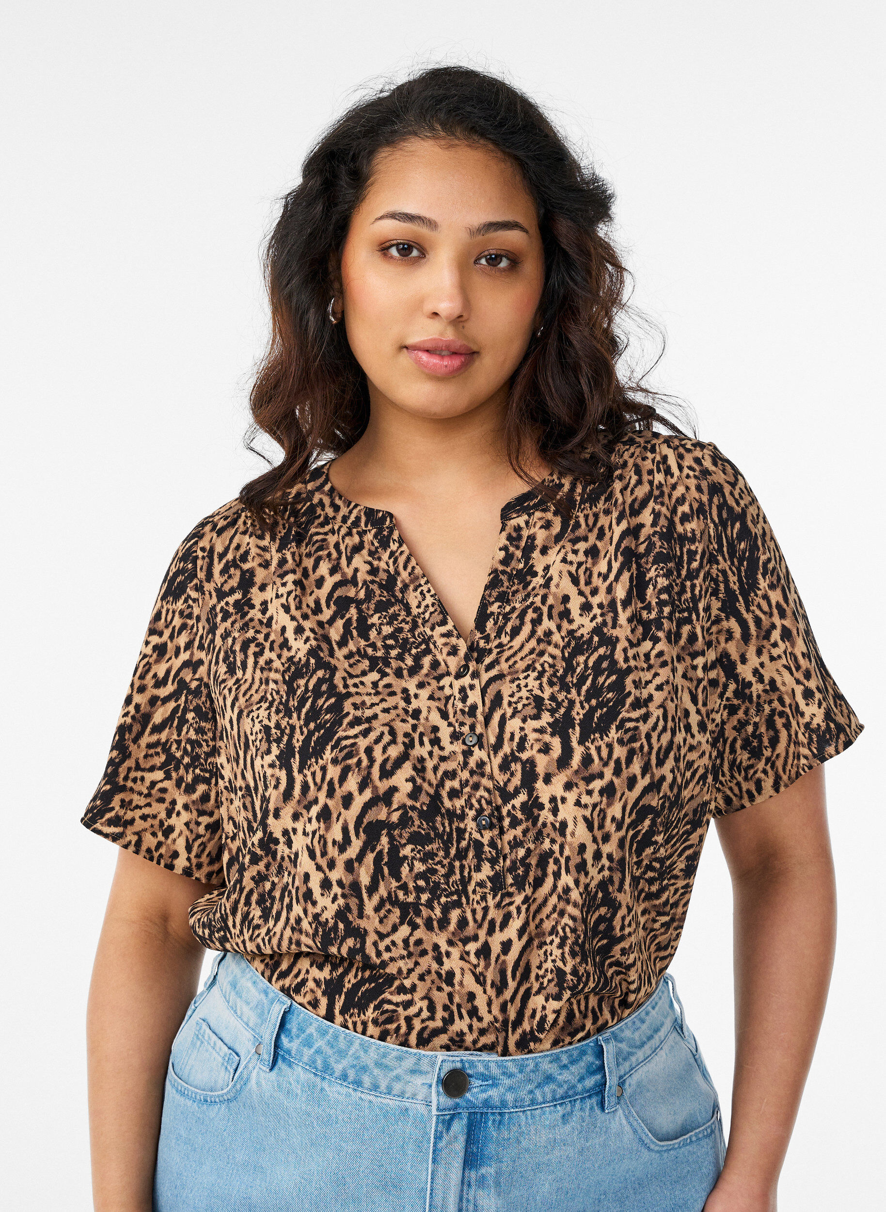 Blouse met korte mouwen en v-halslijn, Bruin, Model