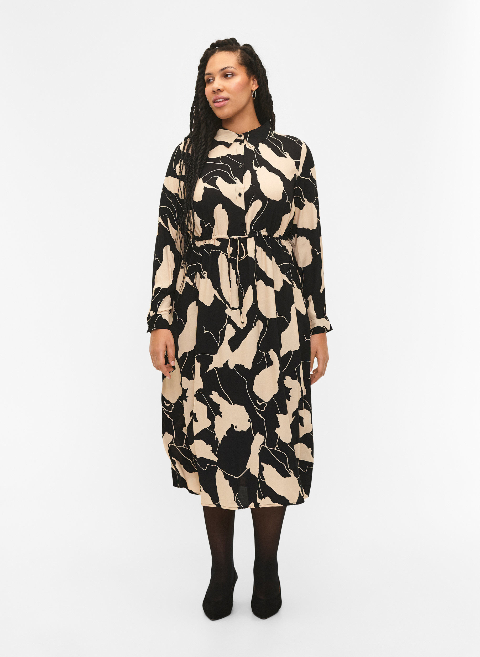ZizziMidi-jurk met lange mouwen in viscose met print, Black AOP, Model image number 3