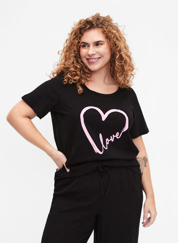 Katoenen T-shirt met ronde hals en print, Black W. Heart L., Model image number 0