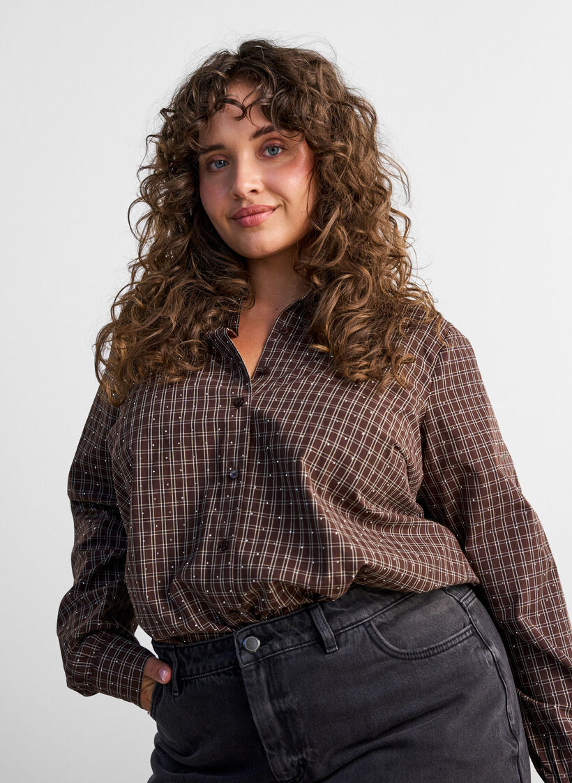 Chemise &agrave; carreaux avec strass, Marron, Model image number 3