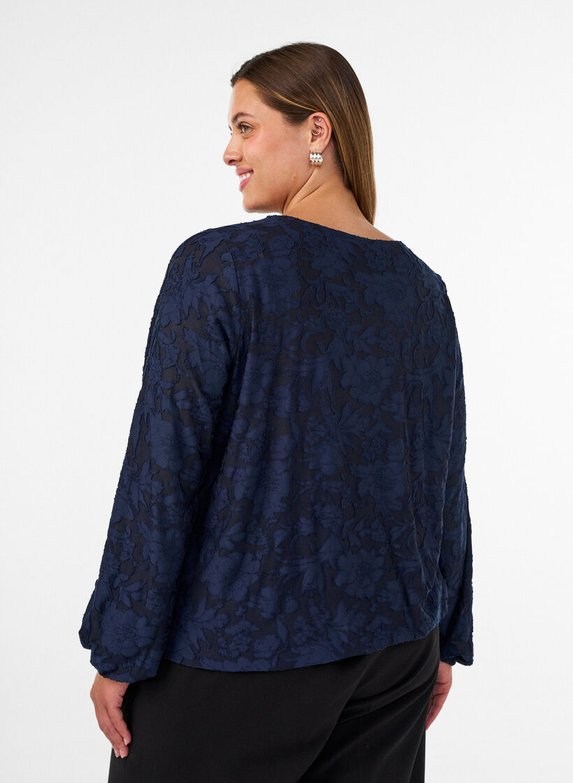 Blouse transparente avec texture florale et manches longues, Bleu, Model image number 2