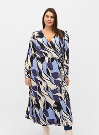 Bedrukte midi-jurk met omslag, Blue Abstract AOP, Model