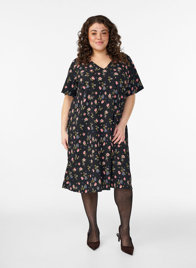 Jurk met korte mouwen en een V-hals, Zwart, Model image number 0