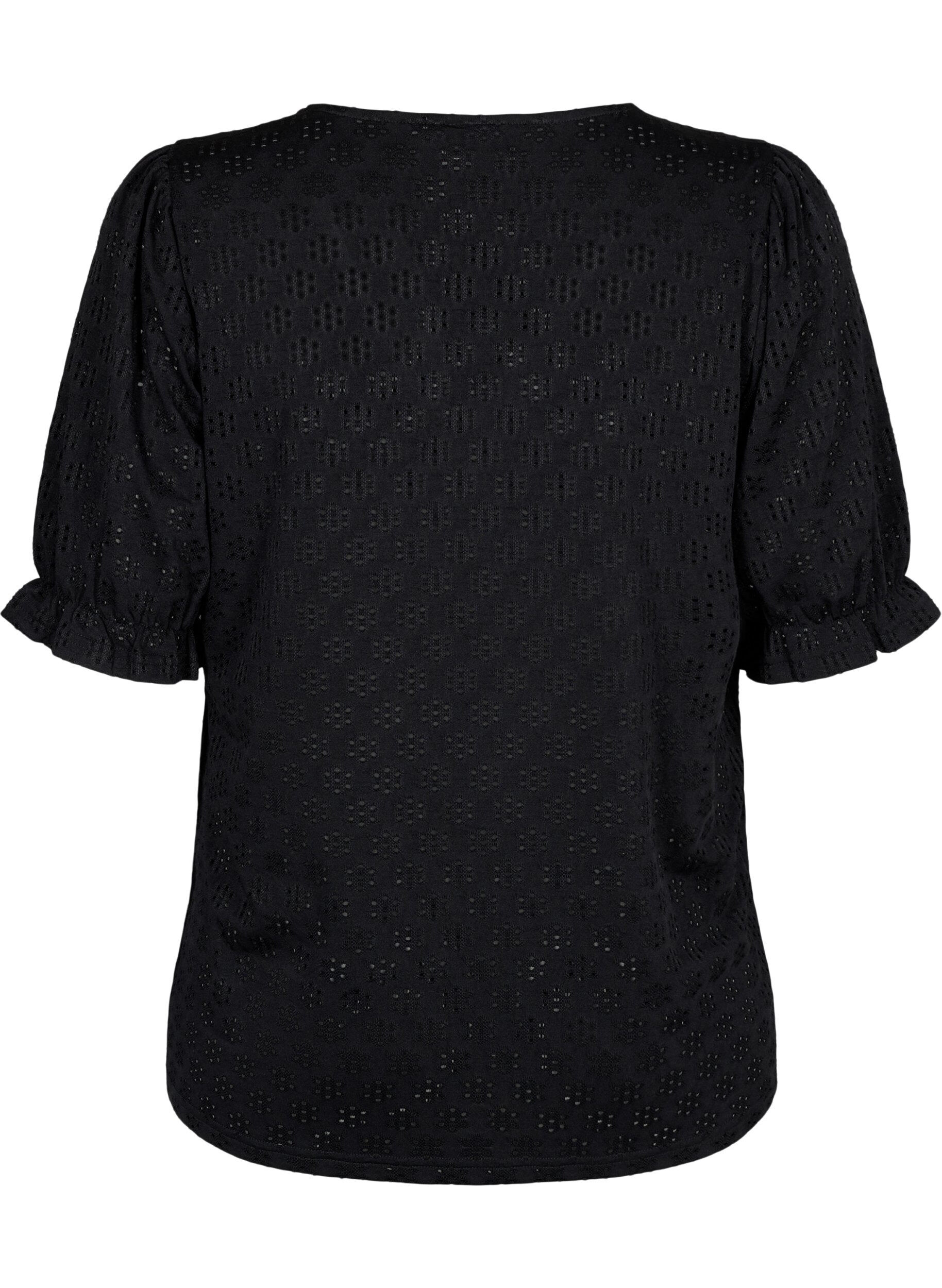 ZizziBlouse met V-hals en gaatjespatroon, Black, Packshot image number 1