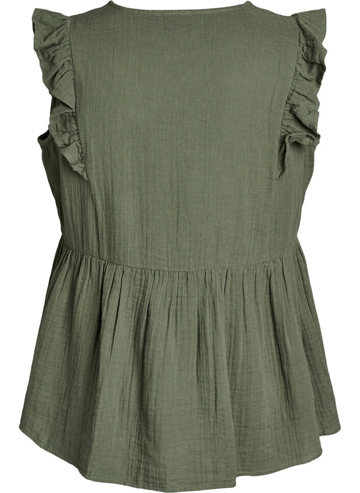 Blouse sans manches en mousseline de coton avec volants, Vert, Packshot image number 1