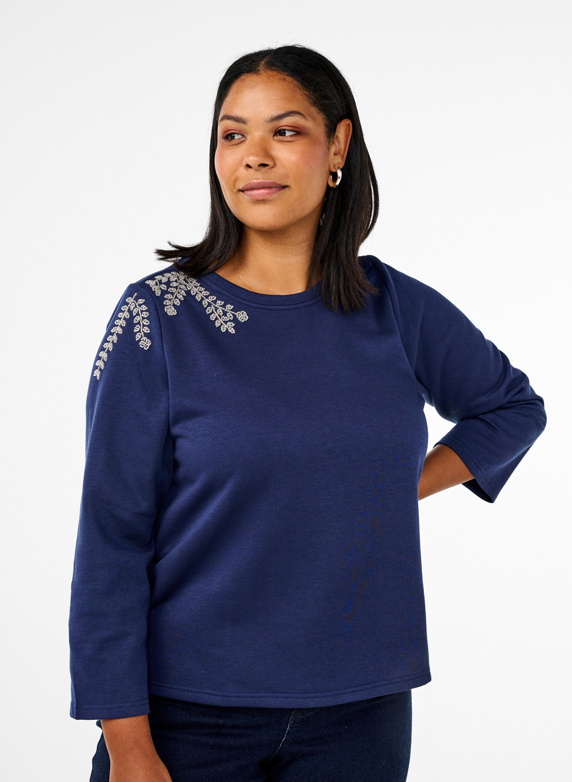 Kort sweatshirt met pareldetails, Blauw, Model