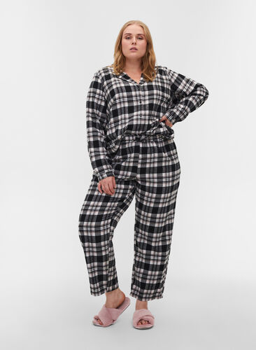 Geruite pyjama broek in katoen, Black/Rose Smoke, Model image number 0