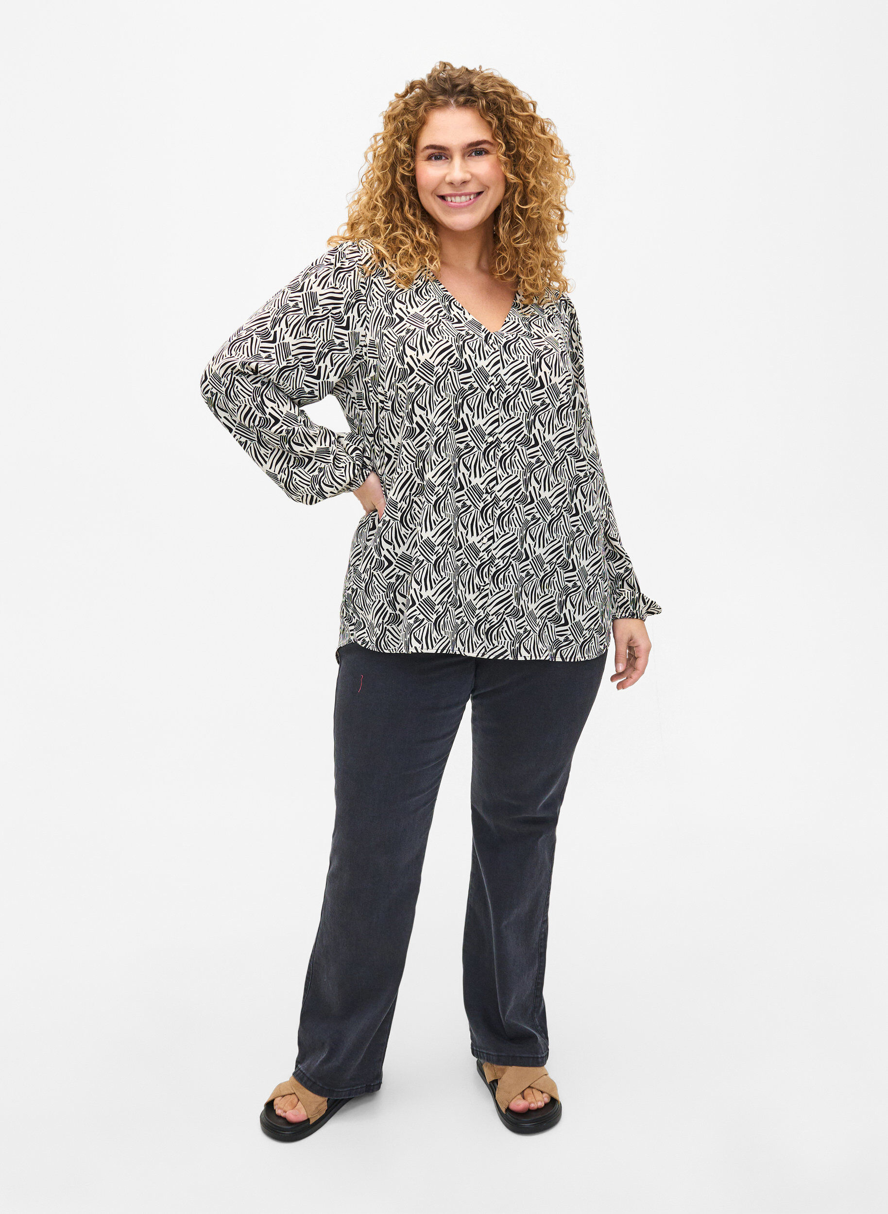 ZizziBlouse avec col en V et imprim&eacute;, Birch Graphic, Model image number 2