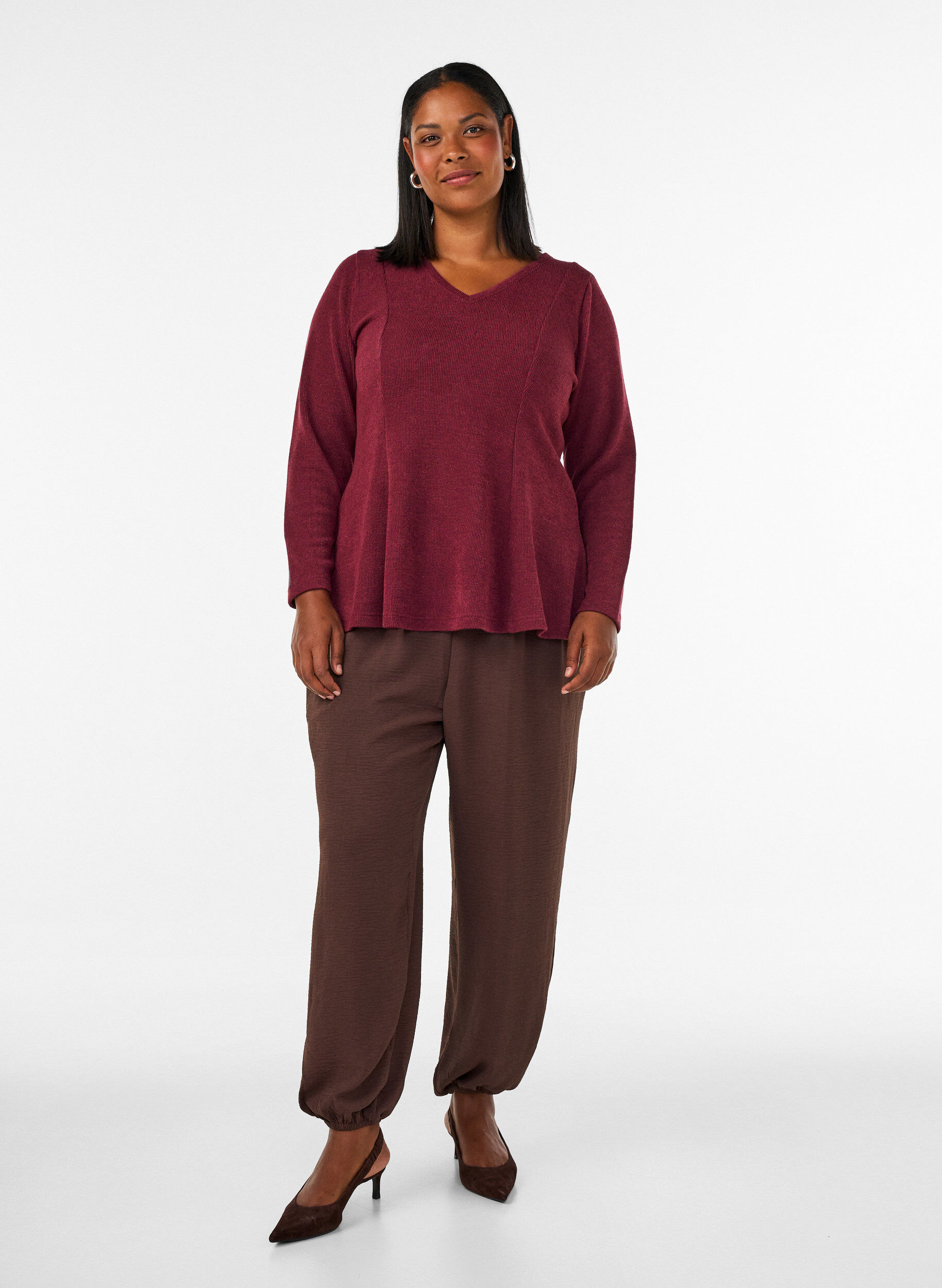 Pantalon balloon taille haute, Marron, Model