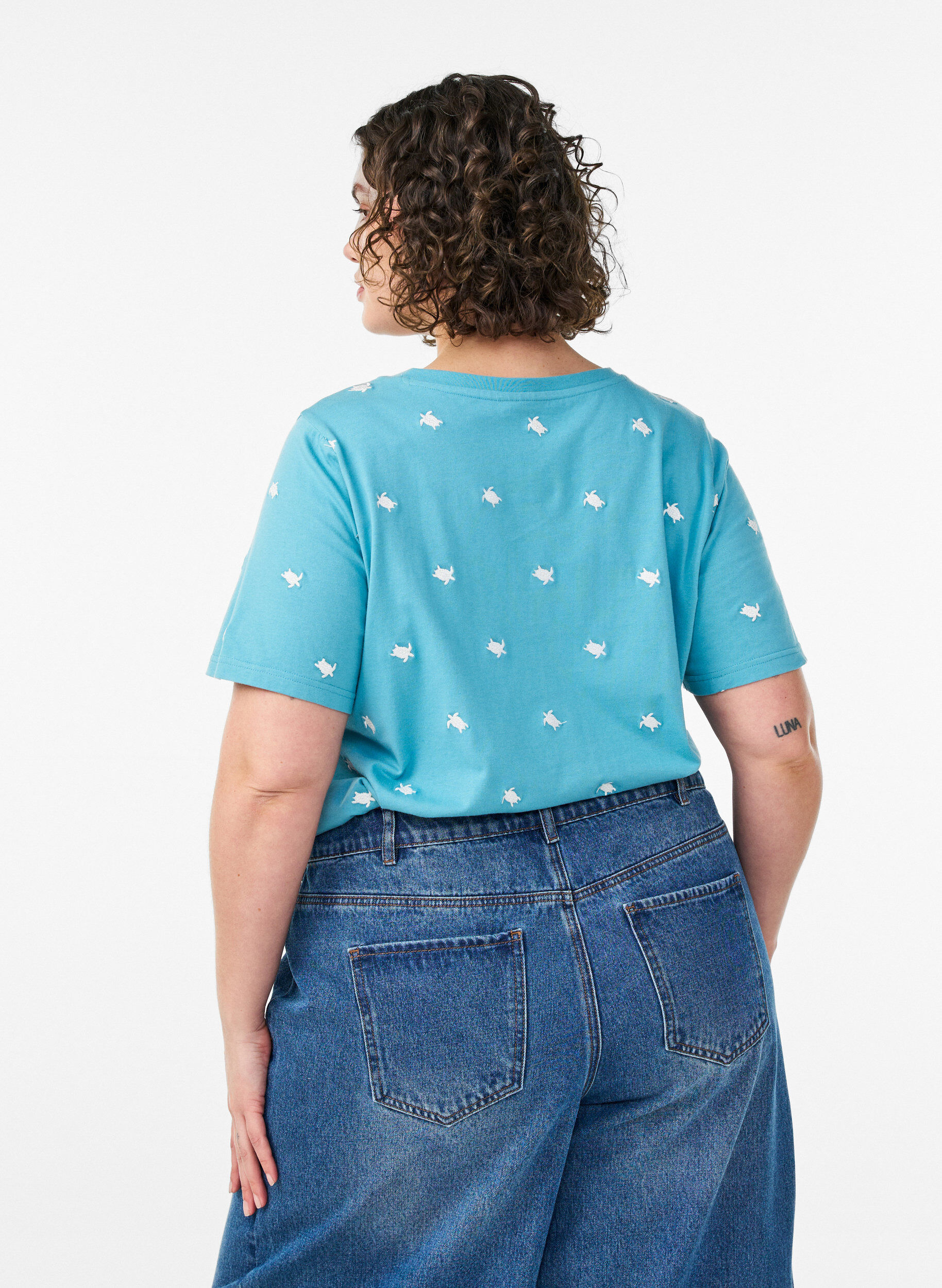 ZizziT-shirt en coton biologique avec motifs brod&eacute;s, Bleu, Model image number 2